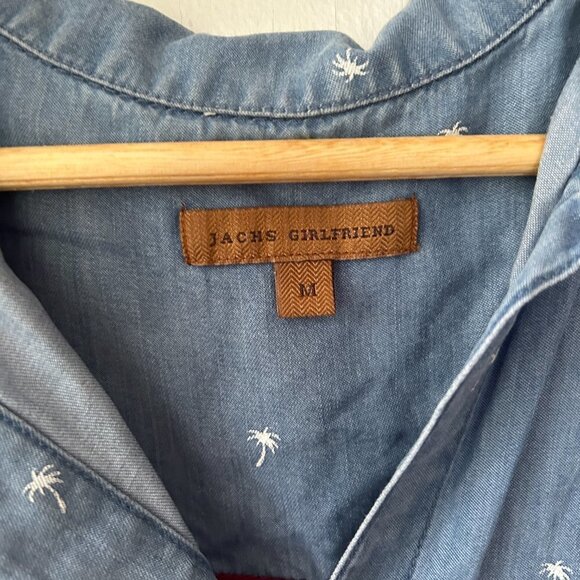 Jachs Girlfriend Chambray Blouse Womens Medium Button Front Collared Palm Trees - Picture 4 of 7